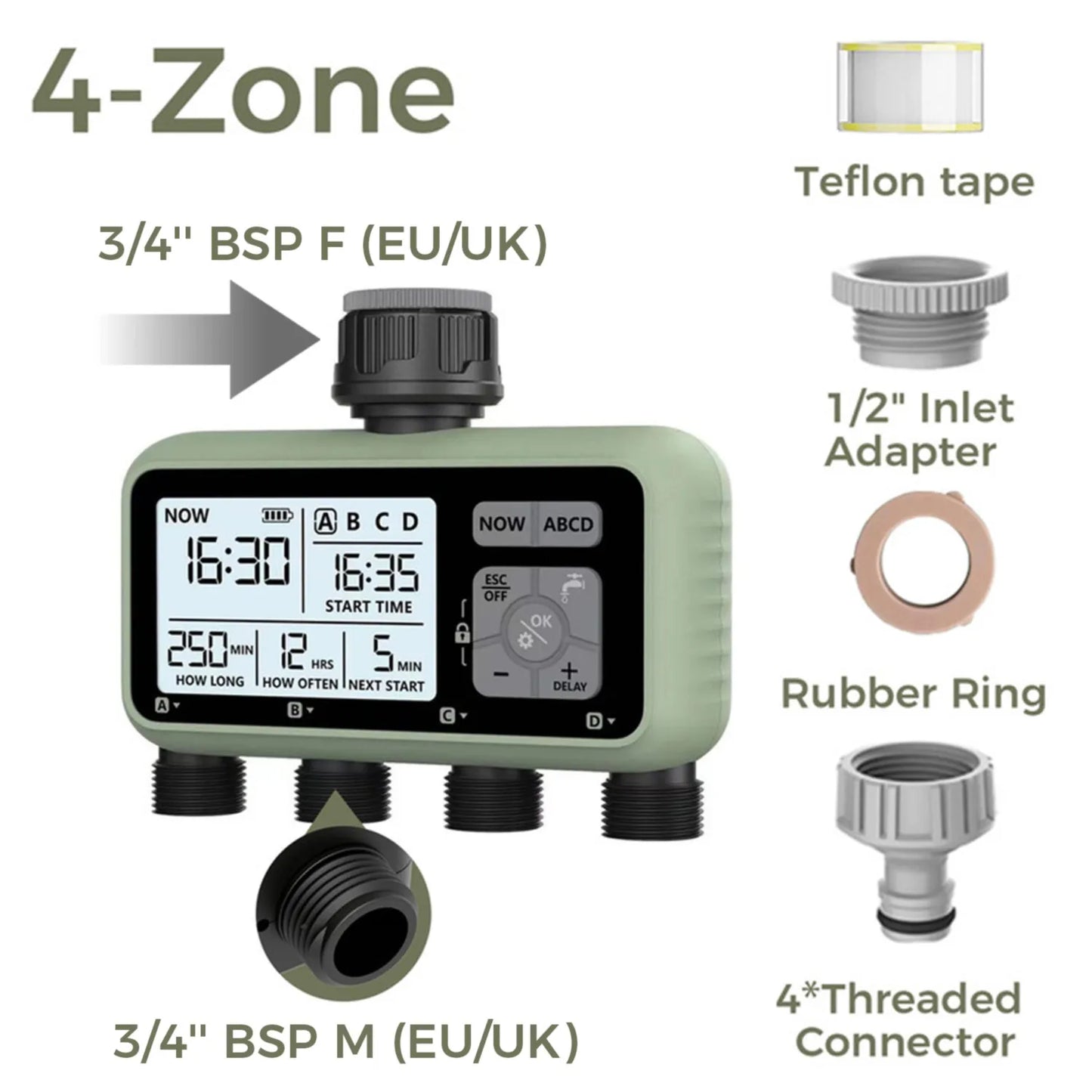 Diivoo Water Timer 4 Zone Garden Programmable Automatic Irrigation Timer with Rain Delay Manual/Auto Mode Watering for Lawn Yard