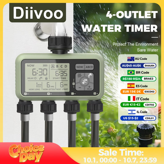 Diivoo Water Timer 4 Zone Garden Programmable Automatic Irrigation Timer with Rain Delay Manual/Auto Mode Watering for Lawn Yard